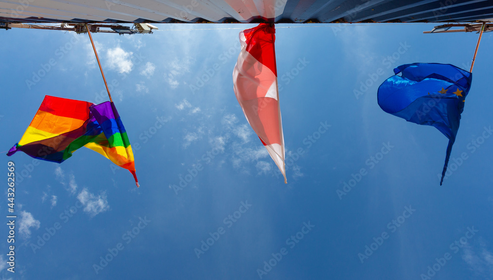 Poznan. LGBT rainbow flags on the city embankment.