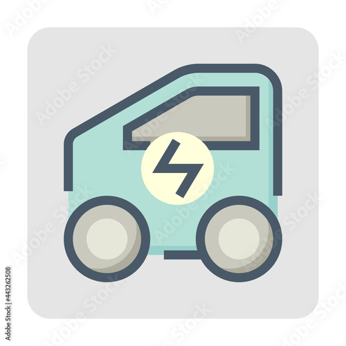 Electric vehicle (EV) vector icon. Consist of compact or mini car side view and electrical sign. That can charge, recharge and supply green power energy from charger to rechargeable battery. 48x48 px.