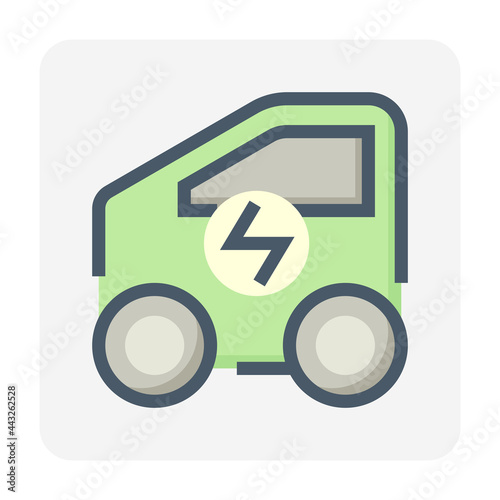 Electric vehicle (EV) vector icon. Consist of compact or mini car side view and electrical sign. That can charge, recharge and supply green power energy from charger to rechargeable battery. 48x48 px.