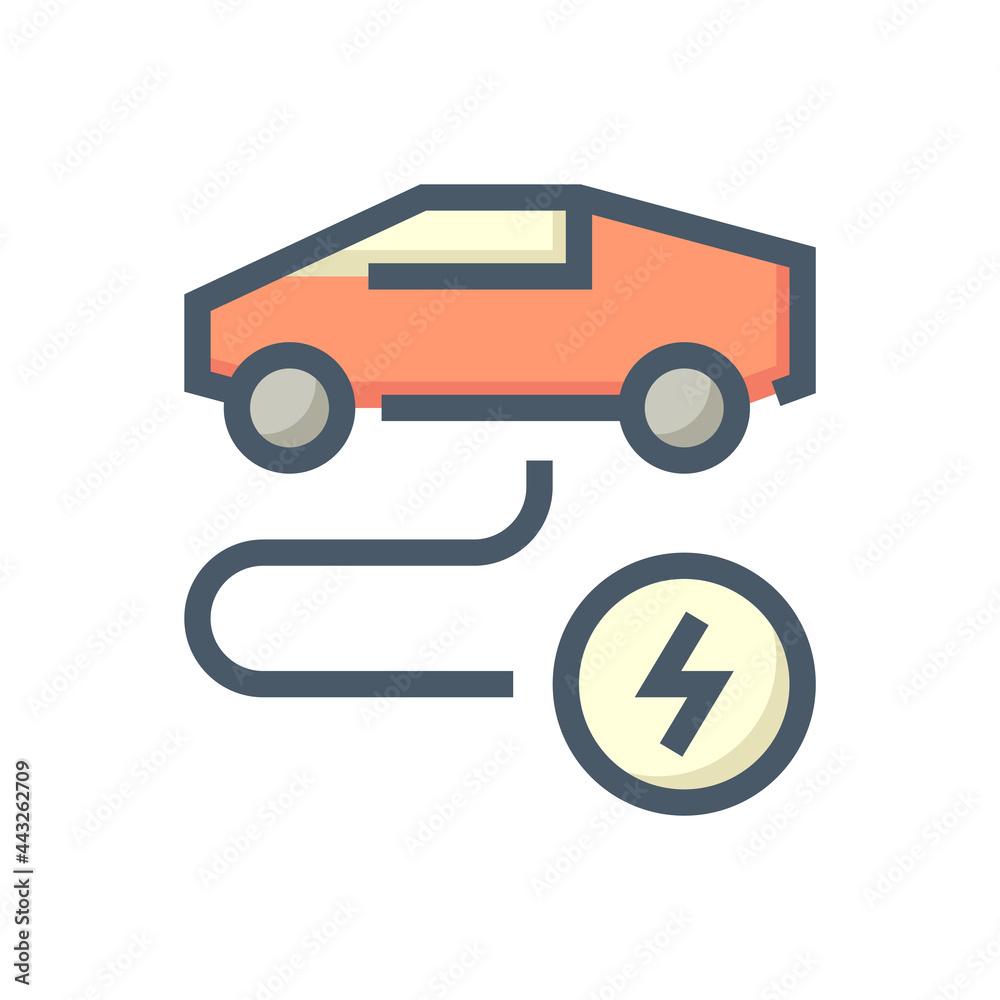 Naklejka premium Electric vehicle (EV) vector icon. Consist of car, cable or wire and electrical sign. That for charge, recharge and supply green power energy to rechargeable battery for transportation. 48x48 pixel. 