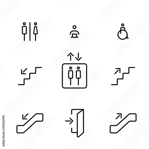 Public building universal symbols. Black icon set. Information vector sign set. Way finding system signboard minimalist icon. Illustration 8 eps editable.