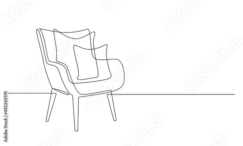 One continuous line drawing of armchair with pillows. Stylish scandinavian furniture in simple linear style. Editable stroke Vector illustration
