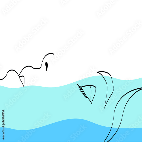 Surreal face relax on the water. Abstract art. Contemporary portrait. Minimalist fine line graphic. Vector illustration.