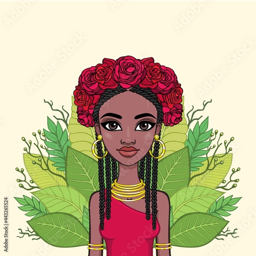 Animation portrait of the beautiful black woman in a wreath of roses.  Amazon, pagan goddess, princess. Color drawing. Vector illustration isolated on a beige background. Print, poster, t-shirt. 