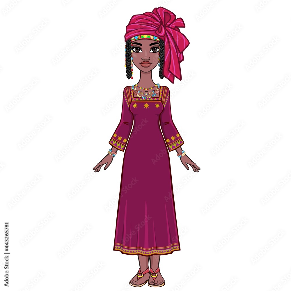Animation portrait of a young African woman in a red striped turban and ethnic jewelry. Full growth. Template for use. Vector illustration isolated on white background. Animation portrait of a young African woman in a red striped turban and ethnic jewelry. Full growth. Template for use. Vector illustration isolated on white background.