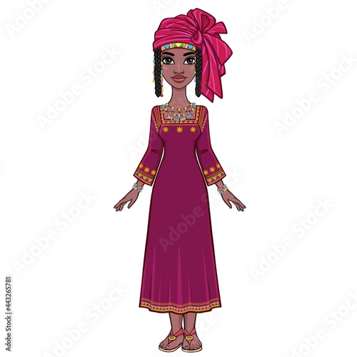 Animation portrait of a young African woman in a red striped turban and ethnic jewelry. Full growth. Template for use.  Vector illustration isolated on white background.