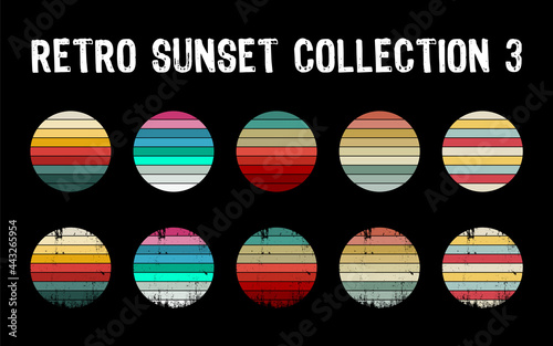 Vintage sunset collection in 70s 80s style. Regular and distressed retro sunset set. Five options with textured versions. Circular gradient background. T shirt design element. Vector illustration,flat