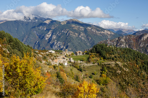 Tella village and surrounding landscape, Huesca, Spain.