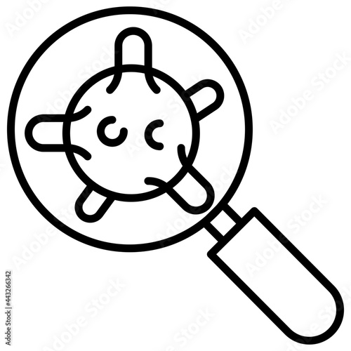 Microorganism under magnifying glass, icon of search germs 