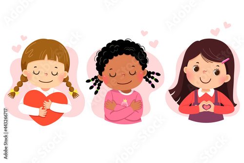 Set of vector illustration cartoon of little girls hugging themself. Self love, self care, positive, happiness concept.