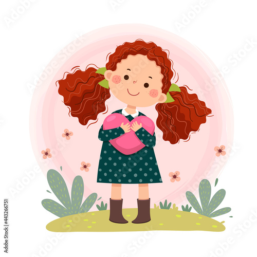Vector illustration cartoon of little red curly hair girl hugging heart shaped. Self love, self care, positive, happiness concept.
