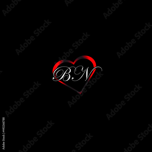 BN letter logo.BN letter with red love shape.Black background on the heart icon.love shape.heart shape. photo