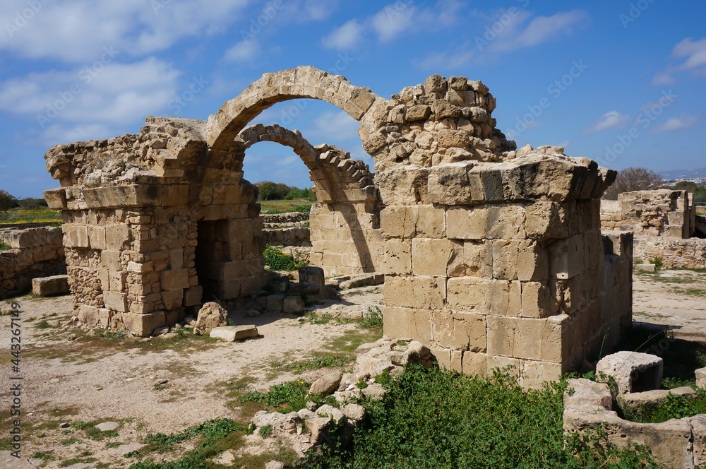 “Saranta Kolones” is a ruined medieval fortress destroyed by an earthquake in 1222. Remains of Arched entries. Paphos, Cyprus.