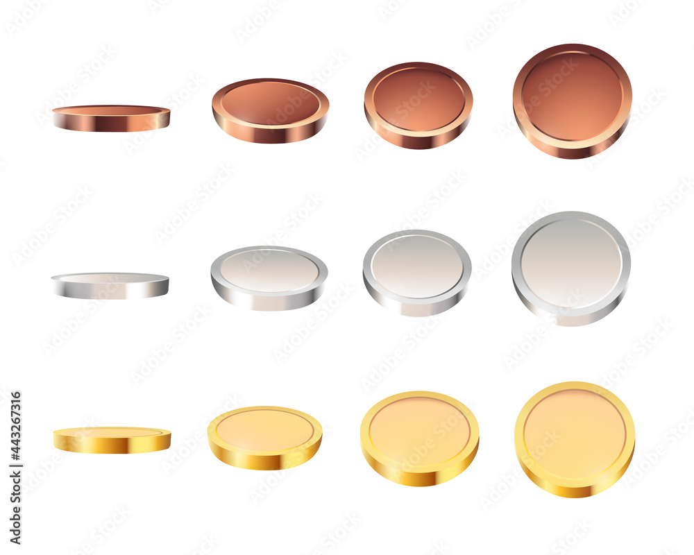 Set of gold, silver, bronze coins in different angles. Set of gold, silver, bronze coins in different angles.