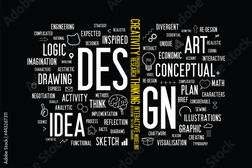 The white word “design” is separated and replaced the letter I with yellow creative words group. Flat minimal style words cloud with illustration about creativity. Design for presentation.  photo