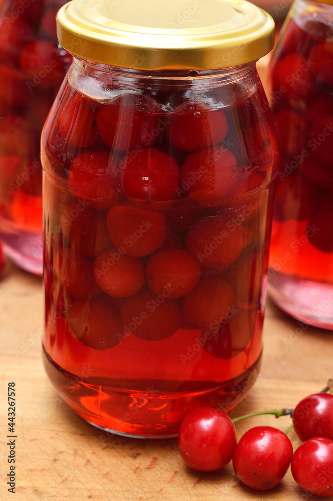 Cherry compote, sour cherries compote, jar of fruit. Cherry compote, sour cherries compote, jar of fruit.