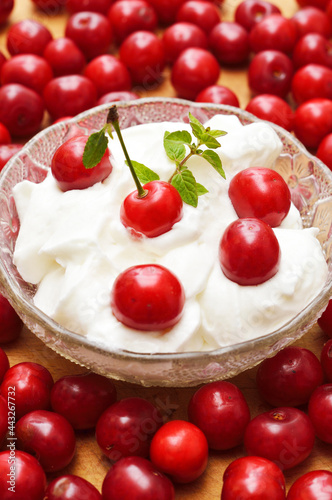 Cherry desert, sour cherries compote, jar of fruit.