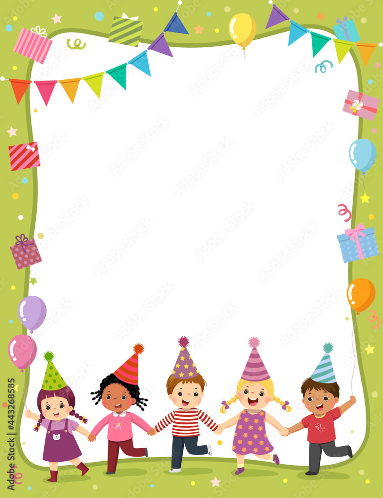 Template for with cartoon of happy kids holding hands for invitation or birthday party card. Template for with cartoon of happy kids holding hands for invitation or birthday party card.
