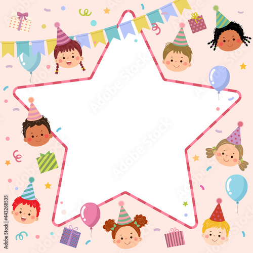 Cute kids cartoon with star shaped border for invitation or birthday party card template.