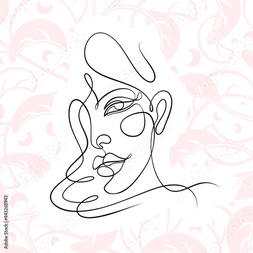 International Women's Day minimal design line drawing style. Portrait of young woman beauty face isolated on pastel leaf background. Vector for Spa, fashion, hairdressing and beautiful artwork design.