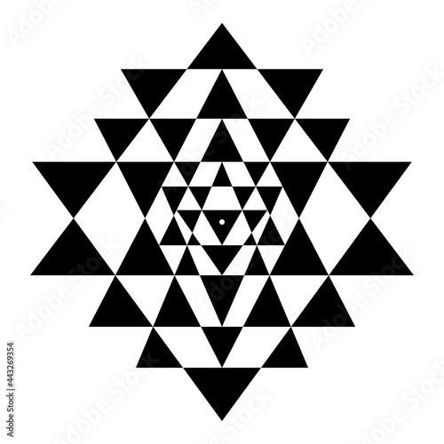 Triangles of Shri Yantra, also called Sri Yantra or Shri Chakra. Forty three black triangles of a mystical Hindu diagram, with the central point Bindu, that represent the center of the cosmos. Vector. photo