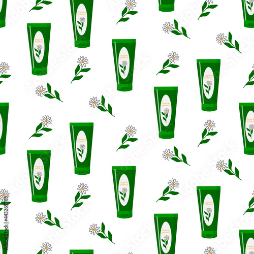 Pattern with beauty products with natural chamomile. Tubes of cream with natural organic cosmetics. Vector over white background. For use in beauty salons and spas, cosmetics stores, prints and