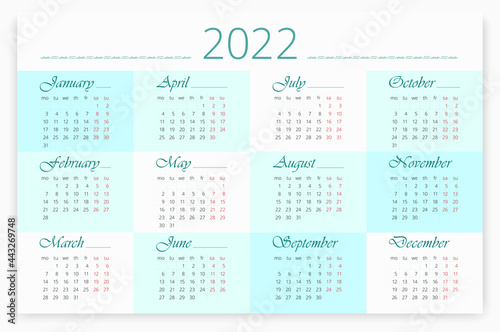 2022 Calendar in English on background with checker pattern. 12 months. Horizontal Simple and clean designe Vector editable template