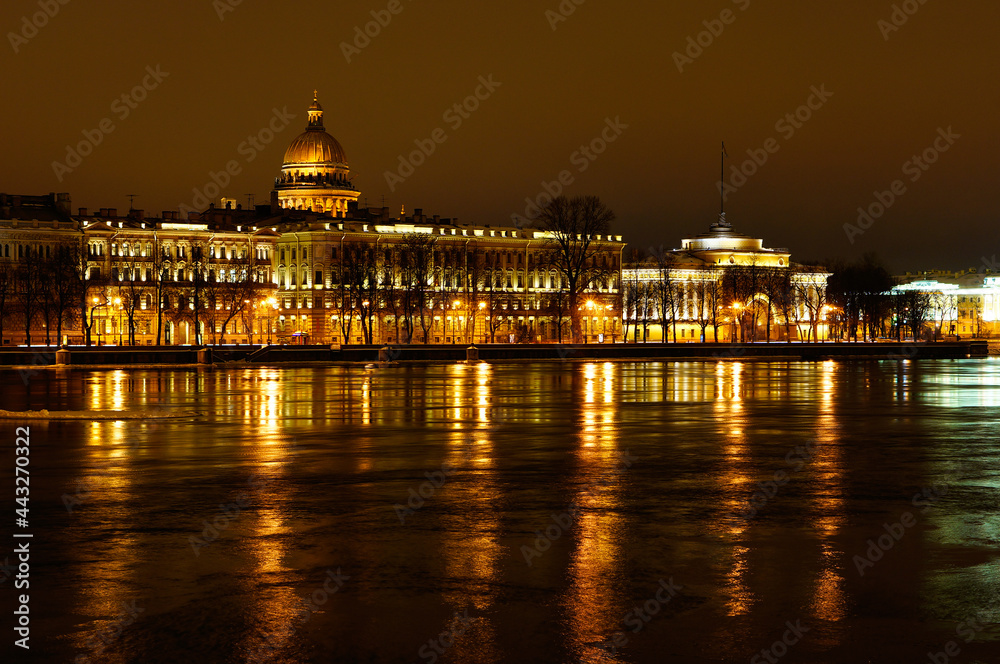 Rivers and canals of St. Petersburg on a winter night, Russia.