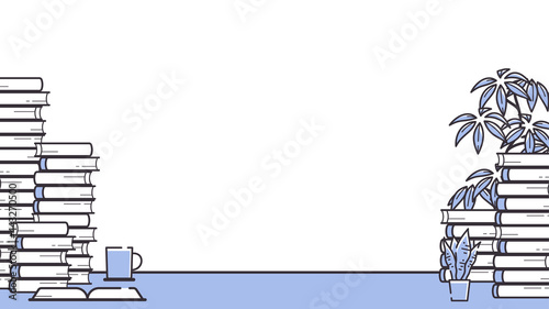 シンプルな線の積み上げた本のフレーム_積読_16:9