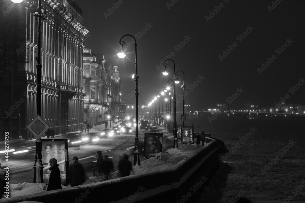 Rivers and canals of St. Petersburg on a winter night, Russia.