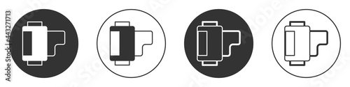Black Camera vintage film roll cartridge icon isolated on white background. 35mm film canister. Filmstrip photographer equipment. Circle button. Vector