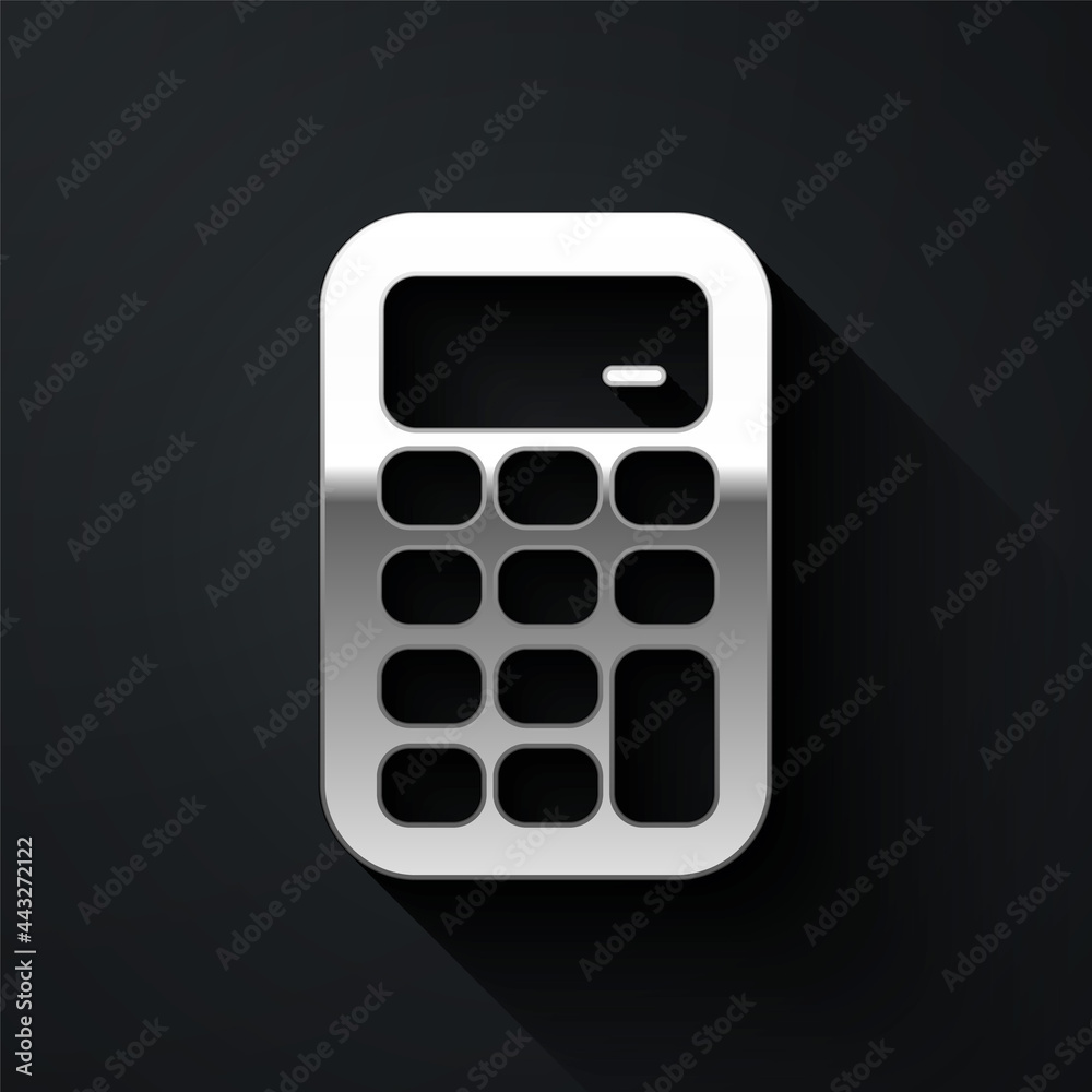 Silver Calculator icon isolated on black background. Accounting symbol. Business calculations mathematics education and finance. Long shadow style. Vector Silver Calculator icon isolated on black background. Accounting symbol. Business calculations mathematics education and finance. Long shadow style. Vector