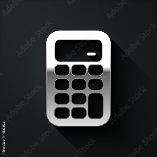 Silver Calculator icon isolated on black background. Accounting symbol. Business calculations mathematics education and finance. Long shadow style. Vector