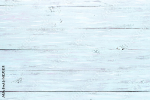 Light blue wooden background, empty backdrop, horizontal direction of boards, copy space