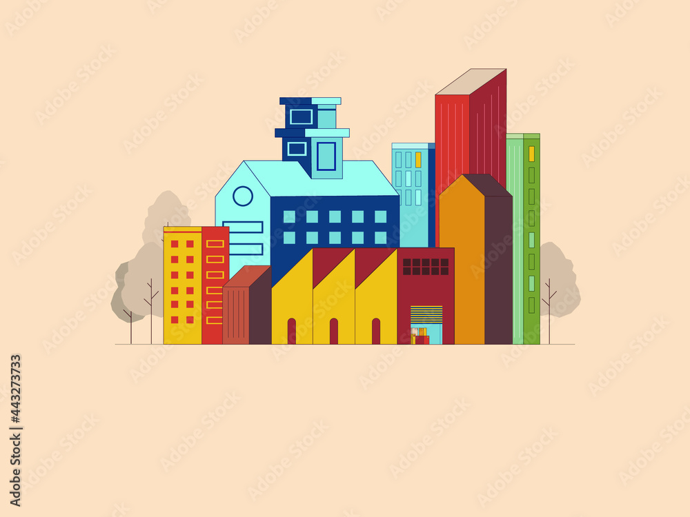 abstract cityscape, factory, warehouse, and buildings