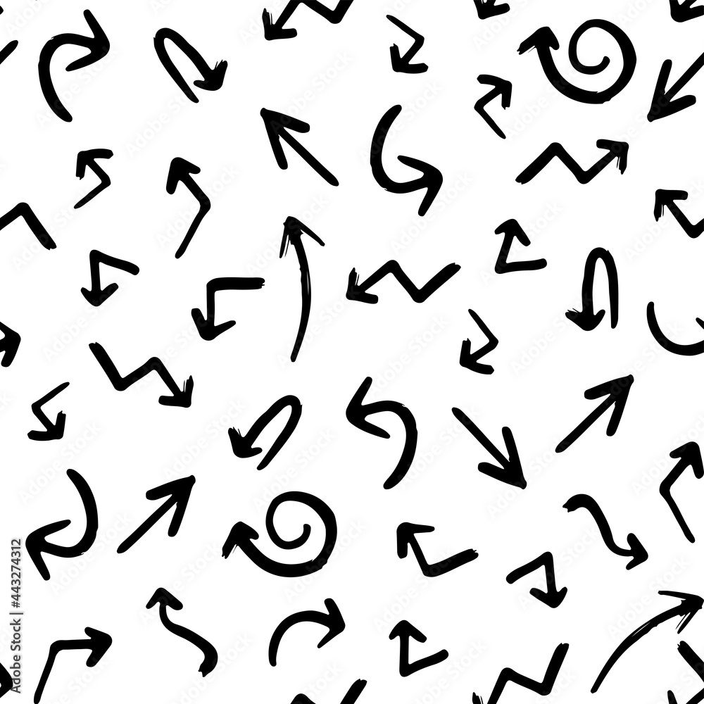 Different thin ink arrows isolated on white background. Cute monochrome geometric seamless pattern. Vector simple flat graphic hand drawn illustration. Texture.