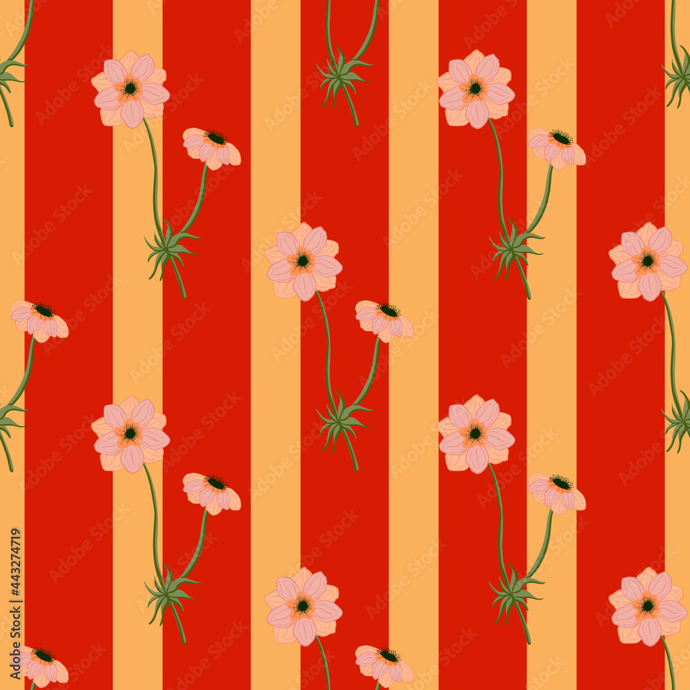 Obraz premium Summer seamless pattern with cute pink anemone flowers shapes. Red and orange striped background.