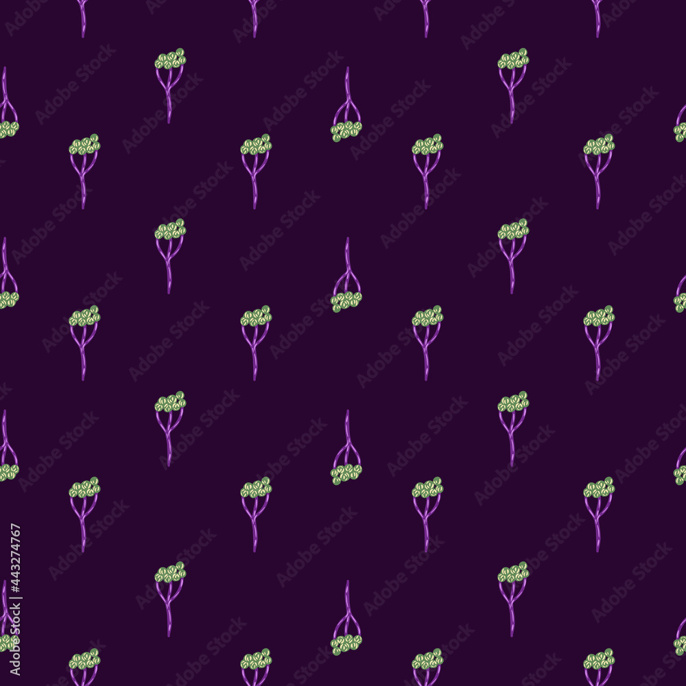 Medical nature seamless pattern with little green yarrow ornament. Purple dark background. Wellnes print. - obrazy, fototapety, plakaty 