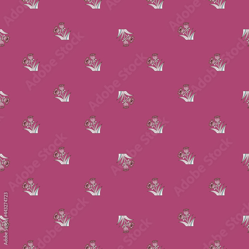 Little decorative bell flower shapes seamless pattern. Bright pink background. Spring blossom backdrop.