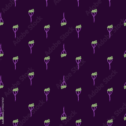 Medical nature seamless pattern with little green yarrow ornament. Purple dark background. Wellnes print.