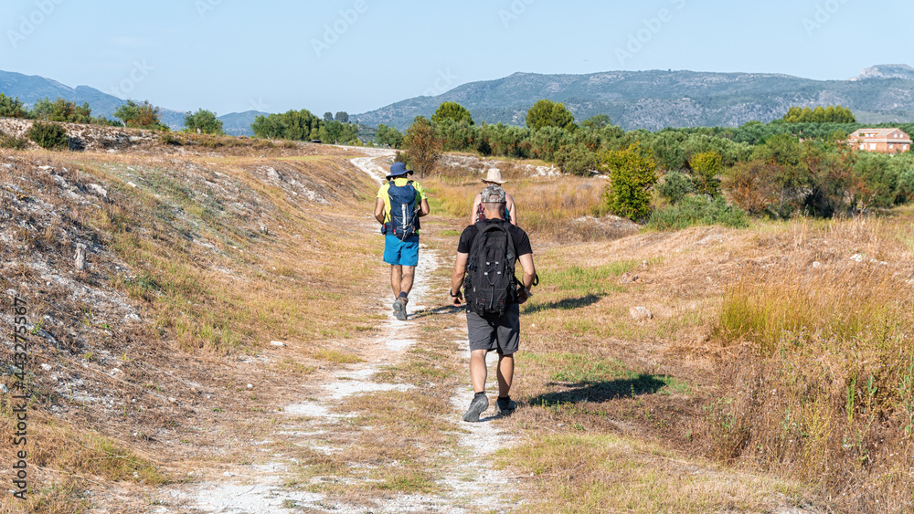 Hikers walking on a summer afternoon along a dry dirt road. 
