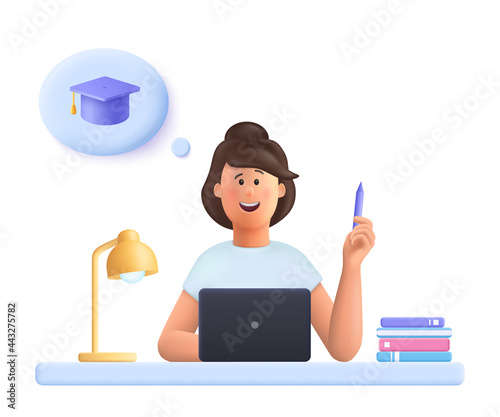 Young woman Jane sitting at desk in front laptop, holding pencil, doing assignment, thinking graduation. Online education, online study concept.  3d vector people character illustration.