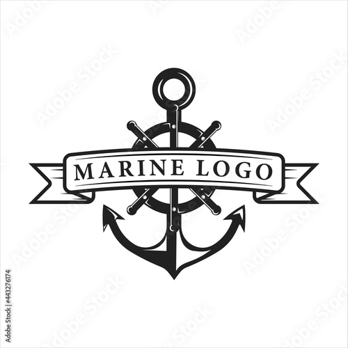 nautical logo vintage vector template icon illustration design. anchor and ship steering wheel emblem retro for marine and navy concept logo design