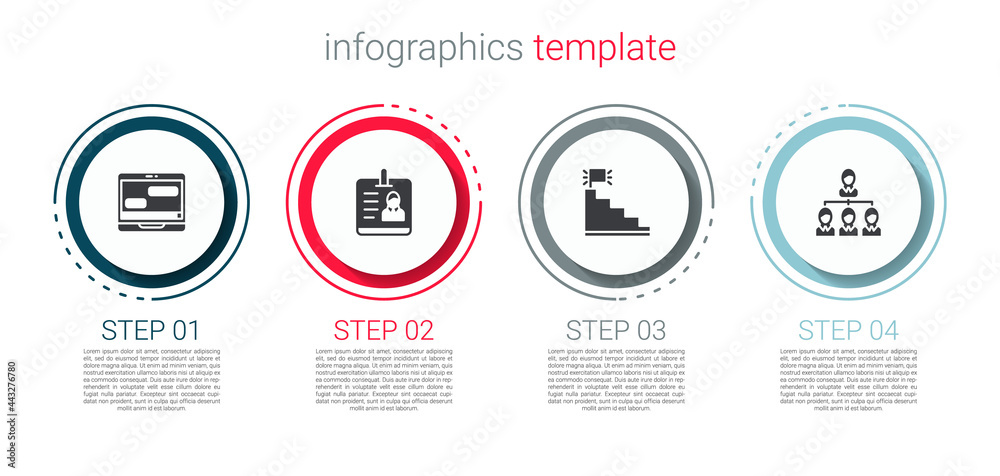 Set Chat messages on laptop, Identification badge, Stair with finish flag and Hierarchy organogram chart. Business infographic template. Vector