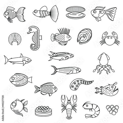 Set Abstract Doodle Elements Hand Drawn Collection Different Seafood Animal Sketch Vector Design Style Background Fish Shark Shrimp Octopus Tentacles Illustration Cartoon Icons