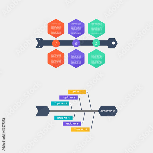 Stylish colorful fishbone diagram business corporate presentation step infographic set design