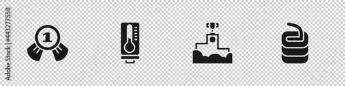 Set Medal, Meteorology thermometer, Award winner podium and Stone for curling icon. Vector