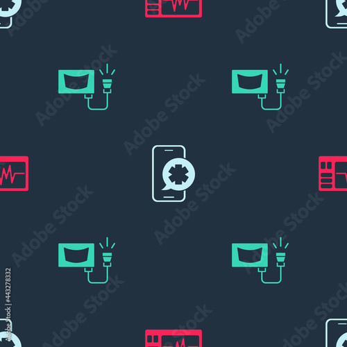 Set Monitor with cardiogram, Emergency phone call and Ultrasound on seamless pattern. Vector