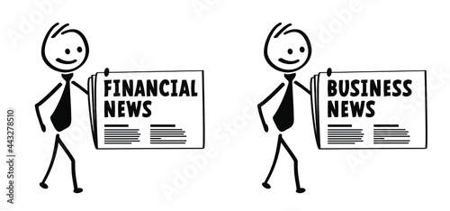 Greet news. Cartoon businessman, stickman with business or financial news. Update finance, economy news concept. good news and bad news. Vector stick figures. Fact or fake newspaper sign.