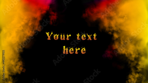 Colorful rainbow color clouds. Vector red, yellow, orange, pink smoke background with empty place amidst. Dark template for your text, advertising, invitation, poster, mockup or another information. 